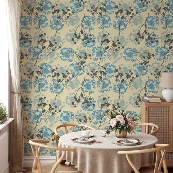 Neutral beige background with blue floral wallpaper for walls.