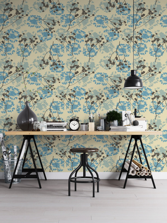 Blue botanical prints on cream delicate floral wallpaper mural.