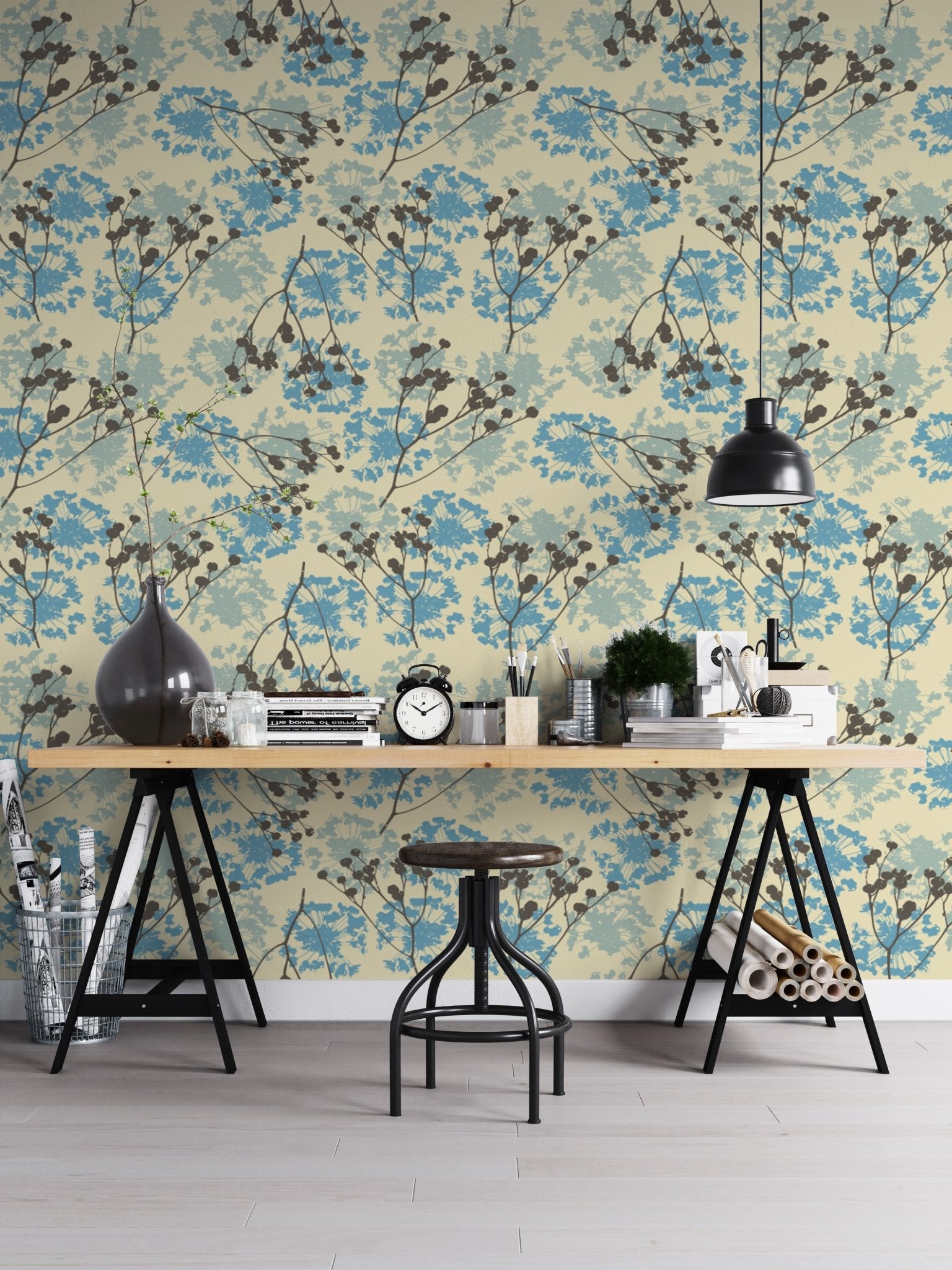 Blue botanical prints on cream delicate floral wallpaper mural.