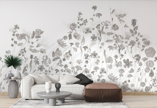 Contemporary botanical wallpaper wall mural with light gray flowers.