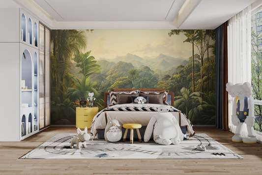 Lush dense green tropical rainforest wallpaper with mountains in the background.