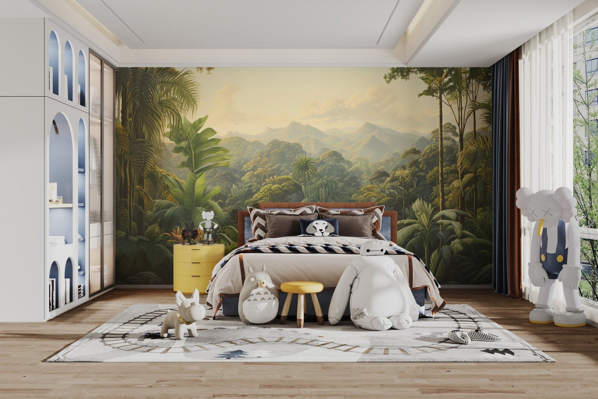 Lush dense green tropical rainforest wallpaper with mountains in the background.