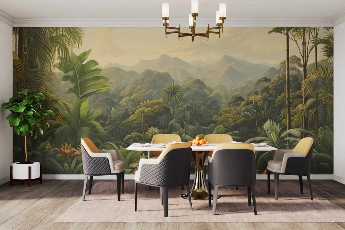 Dense green tropical rainforest wallpaper for a botanical interior.