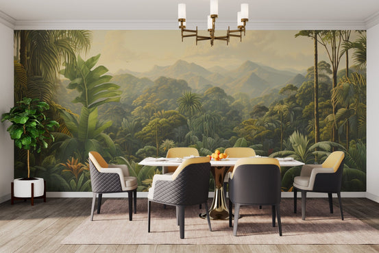 Dense green tropical rainforest wallpaper for a botanical interior.