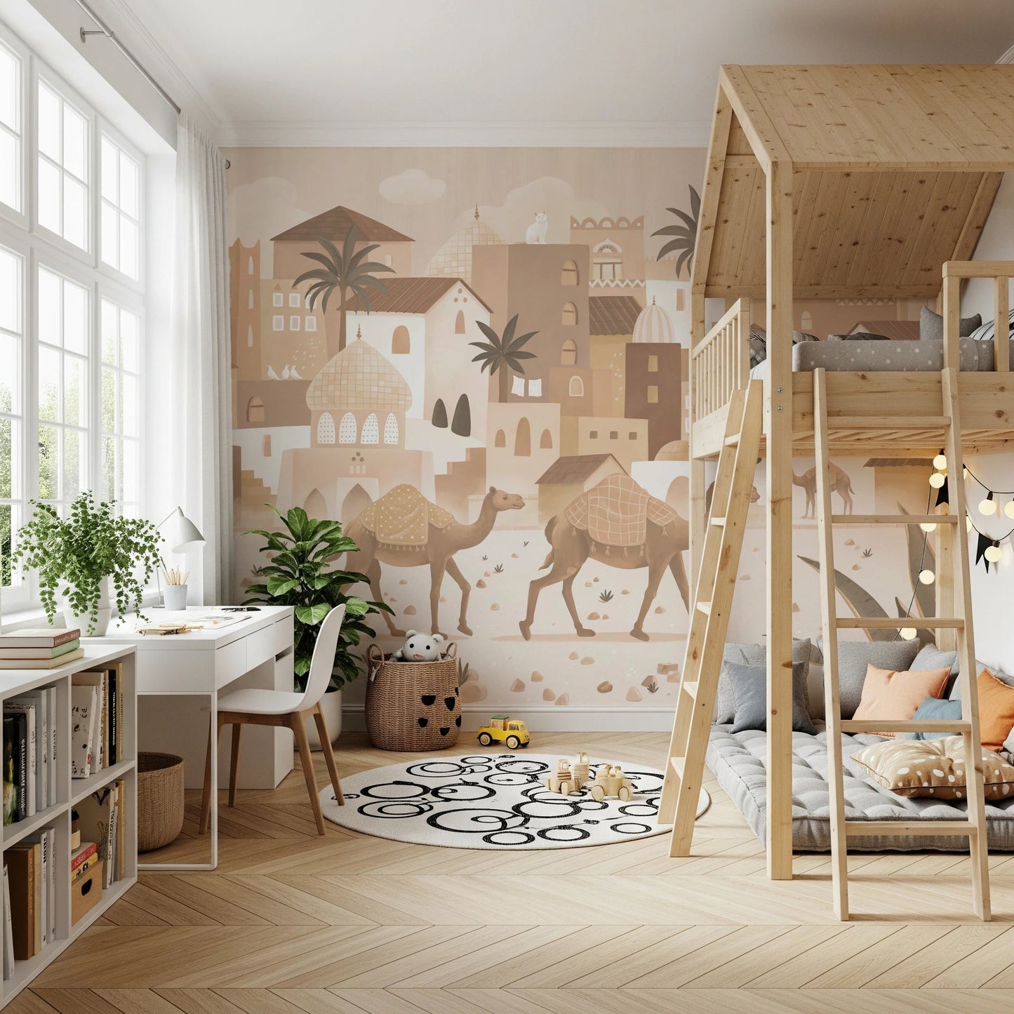 Kids bedroom featuring a bunk bed against a desert town wall mural background.
