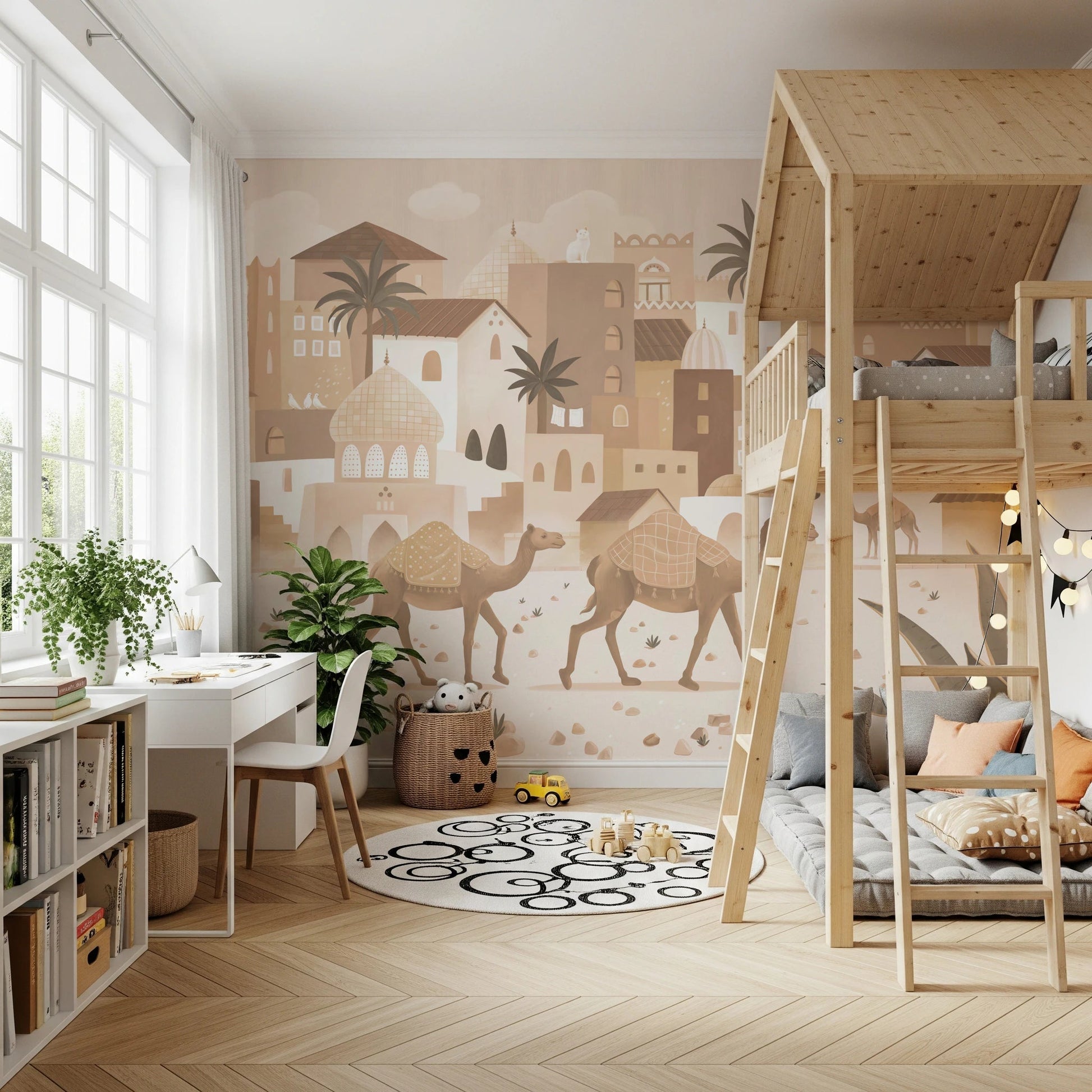 Kids bedroom featuring a bunk bed against a desert town wall mural background.