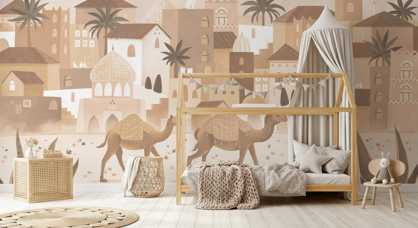Neutral desert landscape wall mural with camels for a modern kids bedroom.