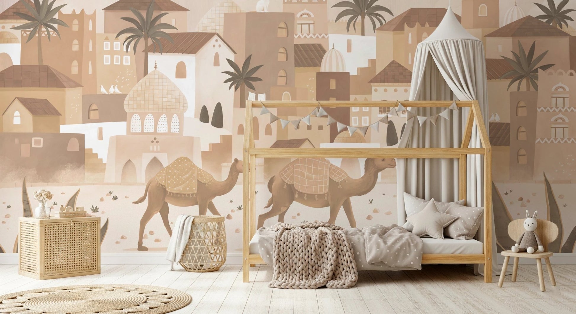 Neutral desert landscape wall mural with camels for a modern kids bedroom.