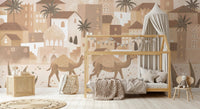 Neutral desert landscape wall mural with camels for a modern kids bedroom.