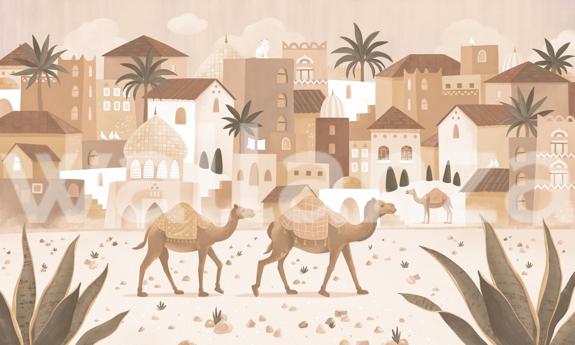 Desert Dreams Mono Wall Mural showing a Middle Eastern inspired city in beige and brown.
