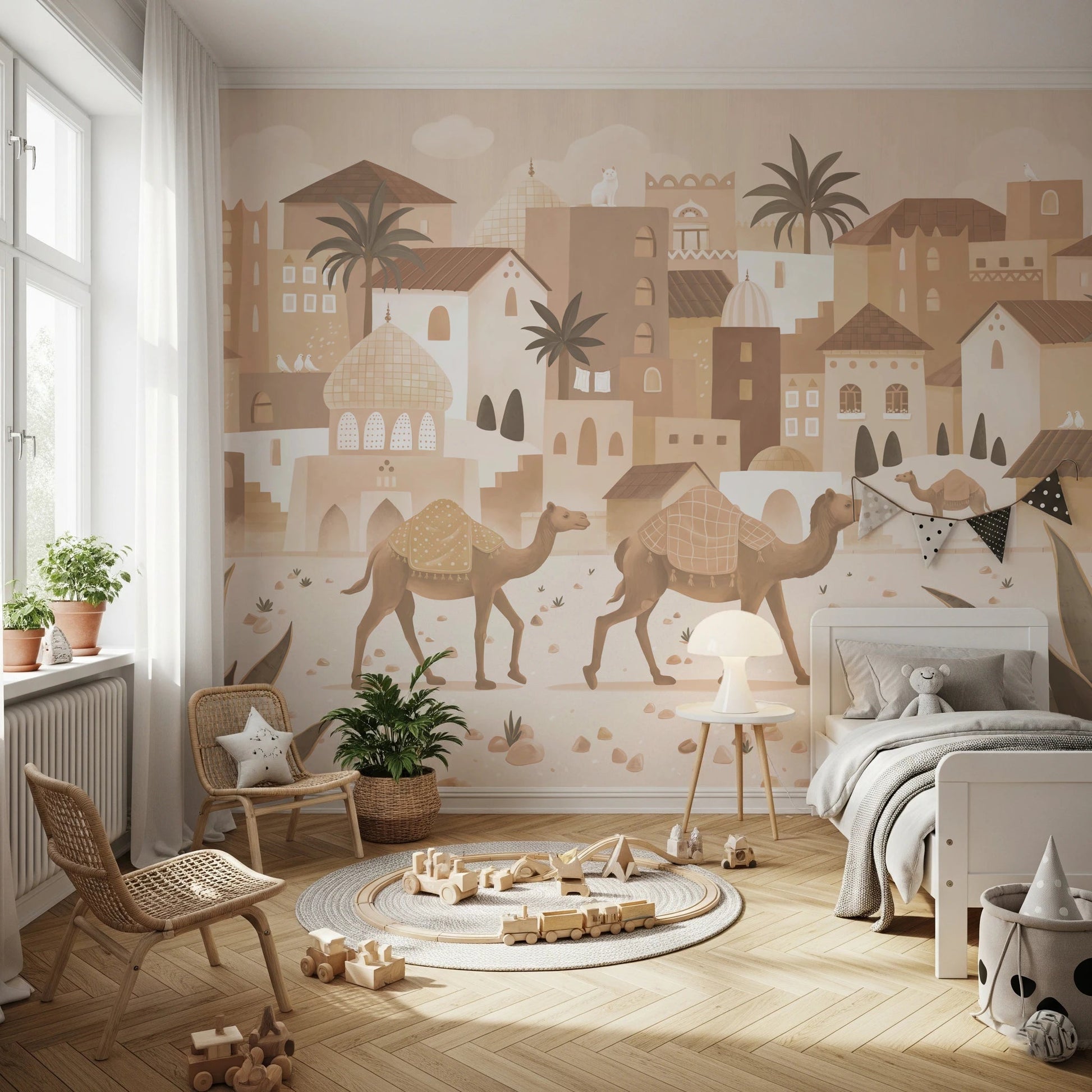 Bedroom showing desert themed wall mural with camel illustrations and earth tones.