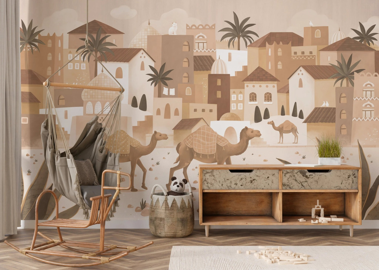 Kids playroom with Desert Dreams Mono Wall Mural featuring camels and palm trees.