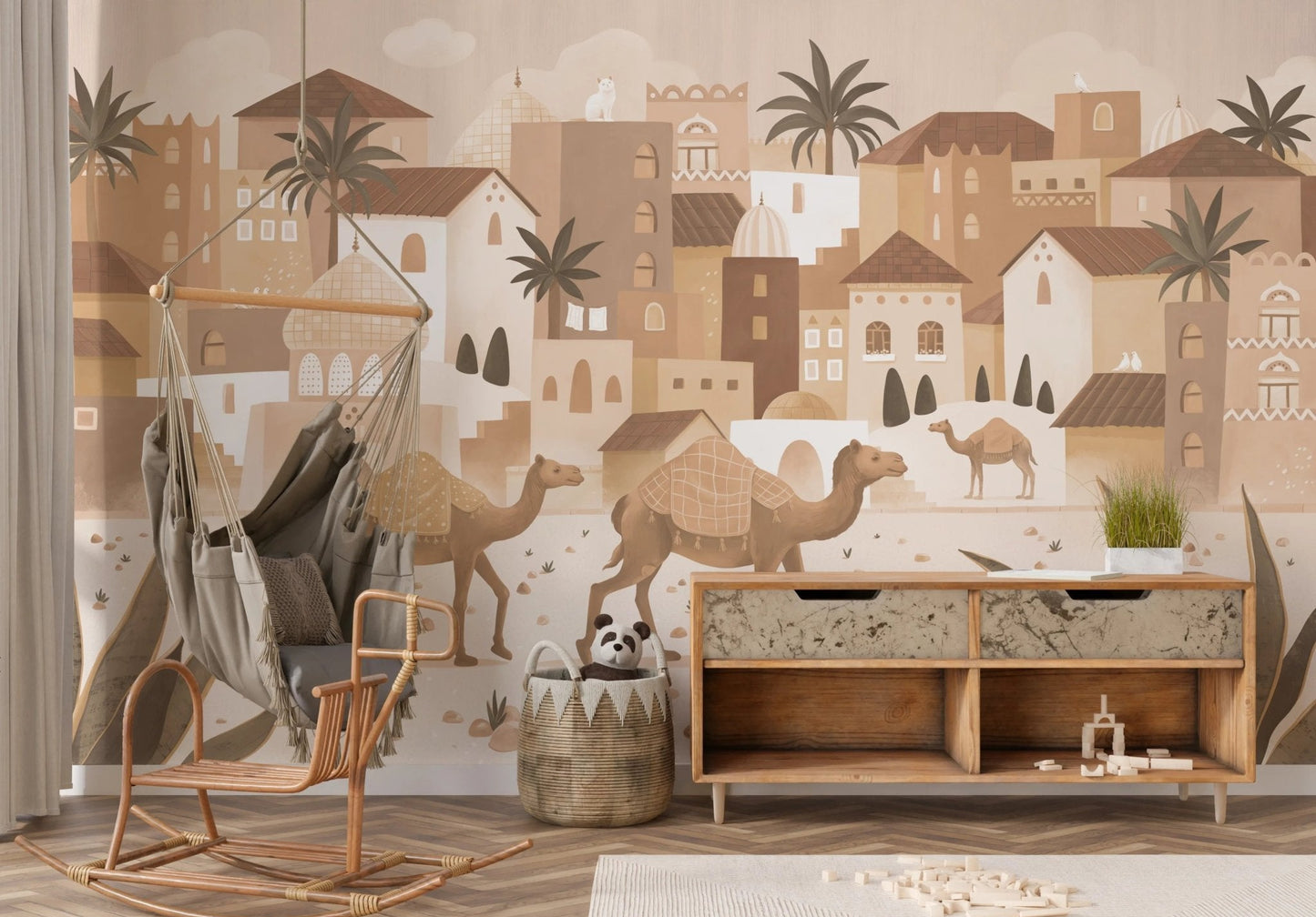 Kids playroom with Desert Dreams Mono Wall Mural featuring camels and palm trees.