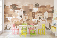 Desert Dreams Mono Wall Mural in a playroom with colorful chairs and large windows.