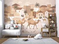 Desert Dreams Mono Wall Mural behind a white sofa in a bright nursery setting.