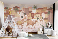 Playroom with a fabric teepee tent set against a desert-themed wall mural.