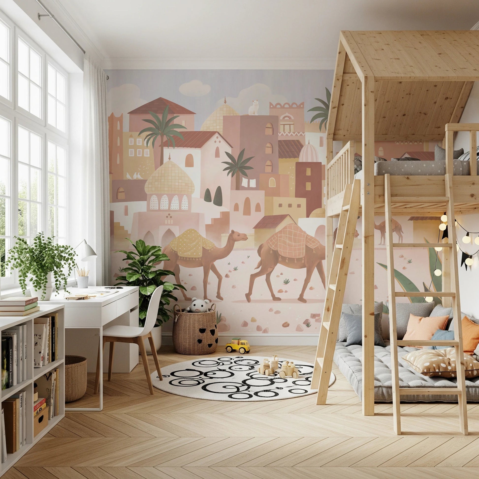 Bunk bed in a child's room featuring a large desert landscape wall mural.