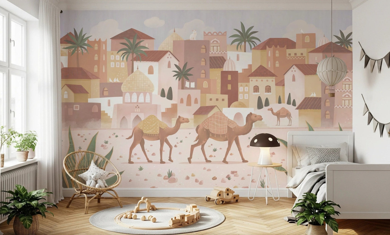 Desert Dreams Wall Mural in a minimalist bedroom with a wooden crib and round rug.