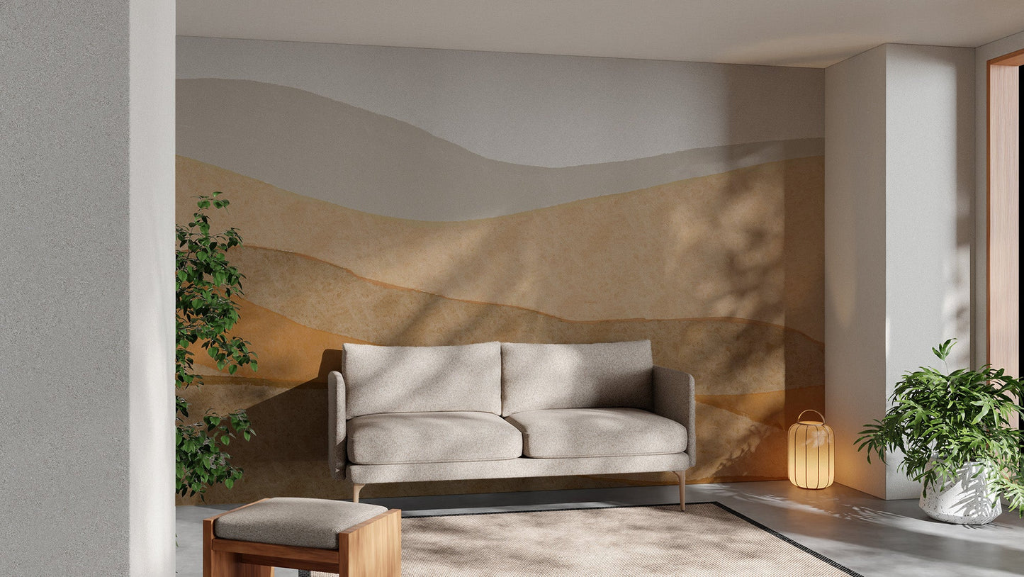 Neutral desert landscape wallpaper mural in warm beige color.