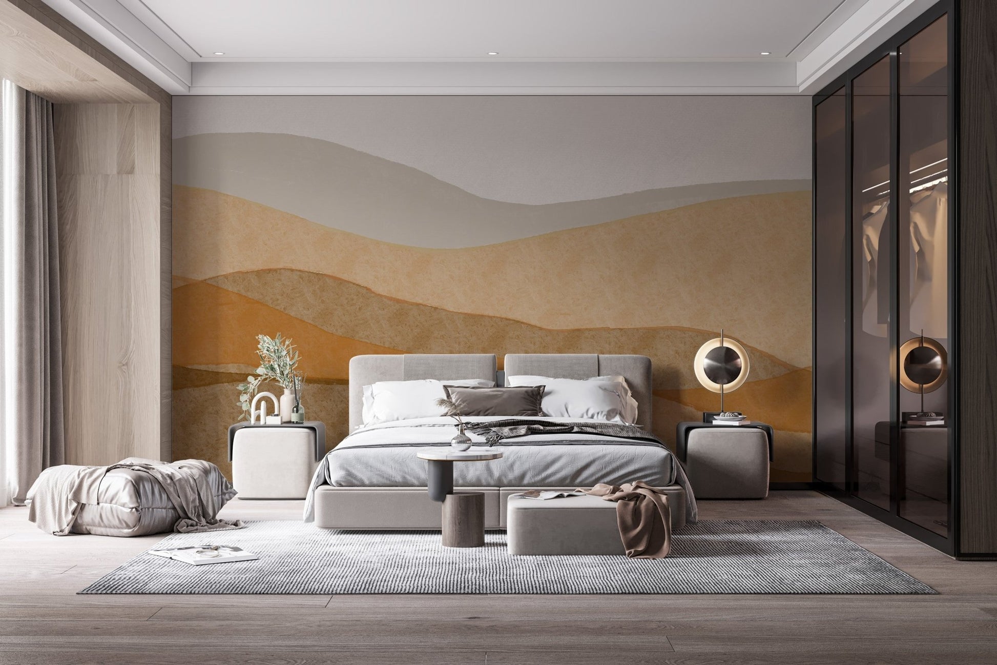 Earth tone desert wall mural with smooth wave design.