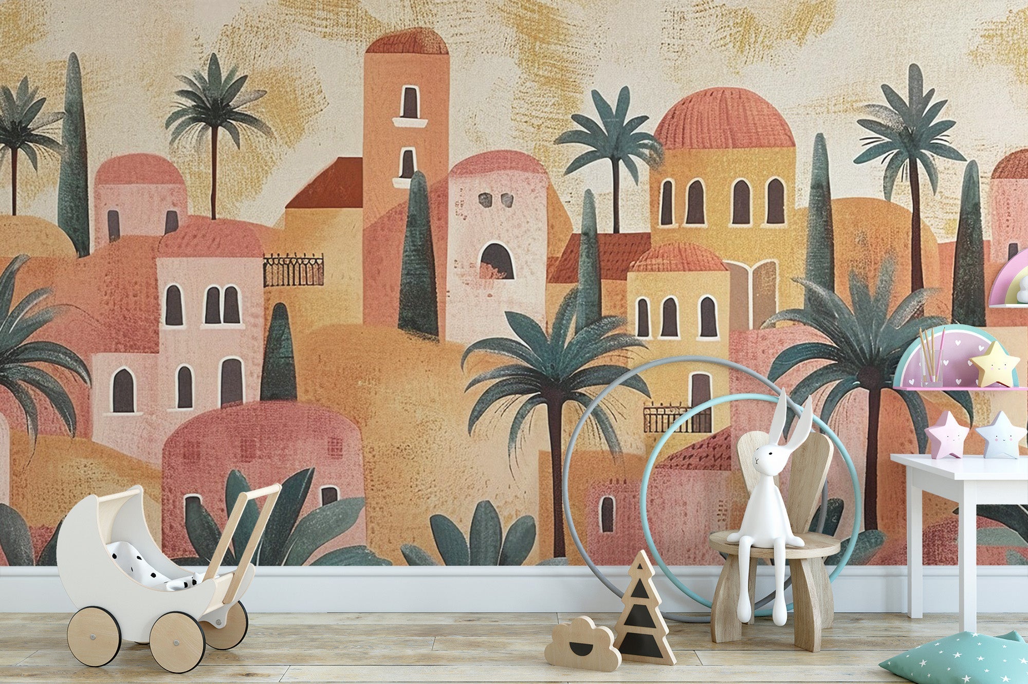 Desert oasis village wall mural with terracotta buildings and palm trees.