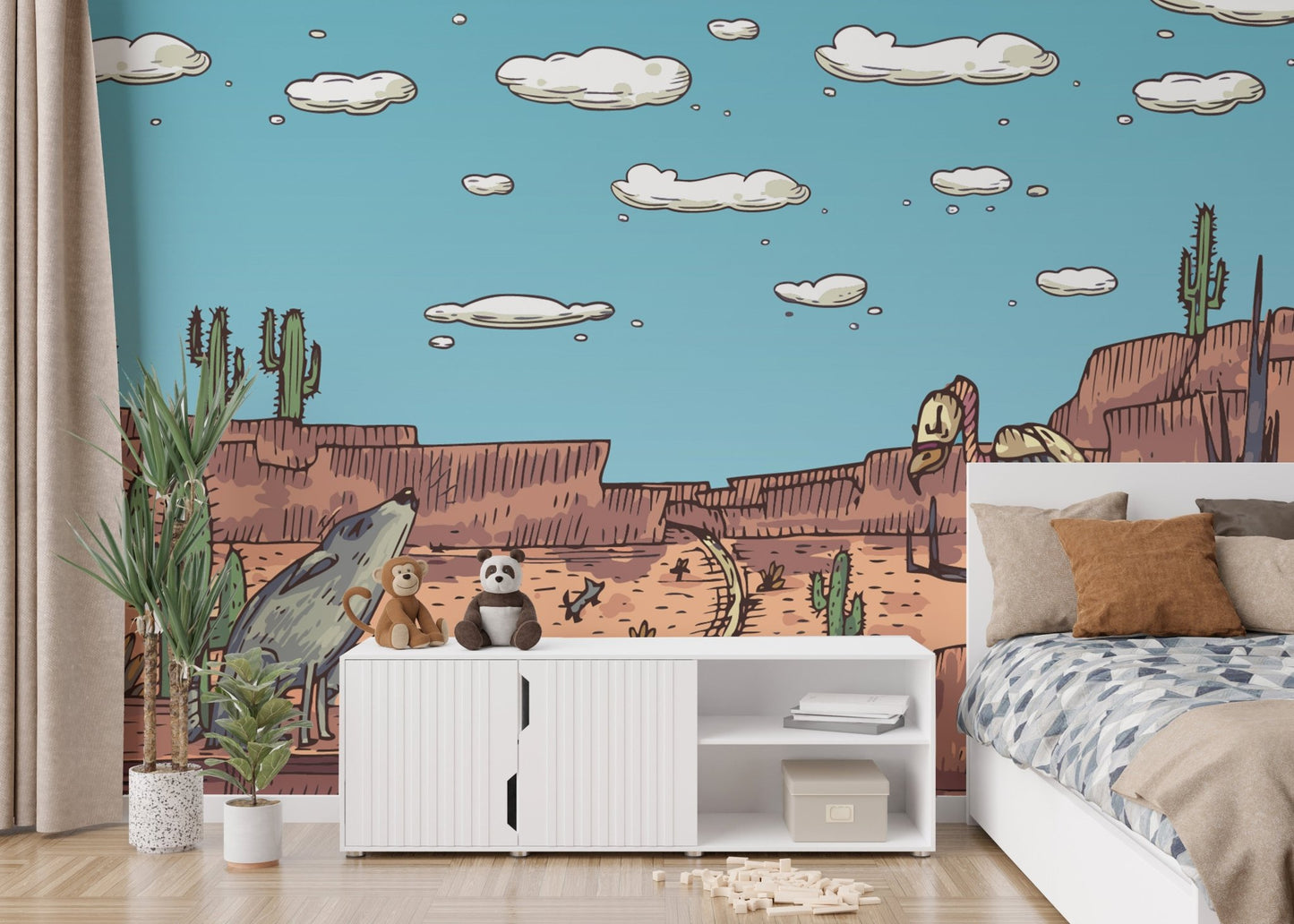 Desert safari tales mural creating a warm and exotic vibe in kids bedroom.
