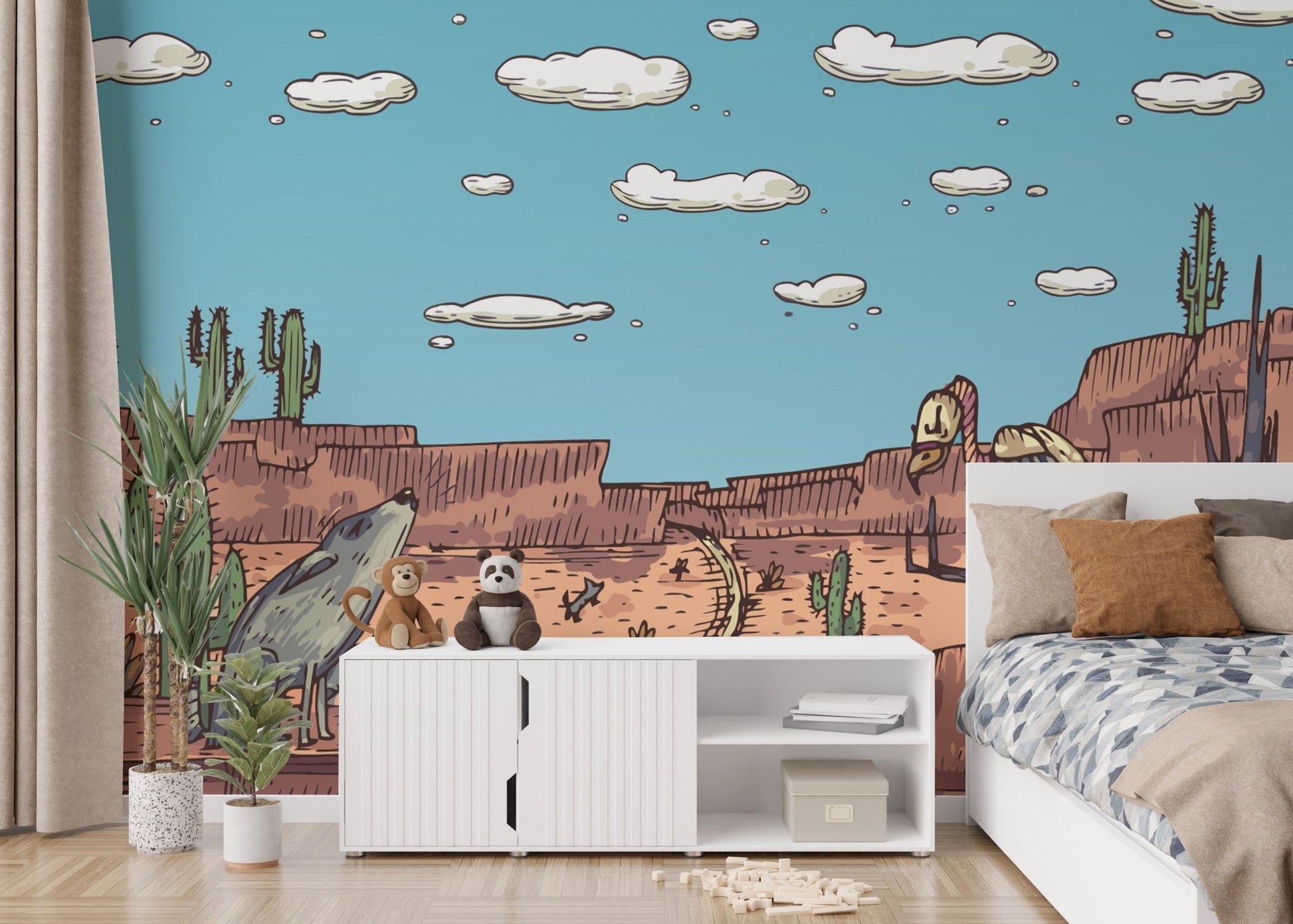 Desert safari tales mural creating a warm and exotic vibe in kids bedroom.
