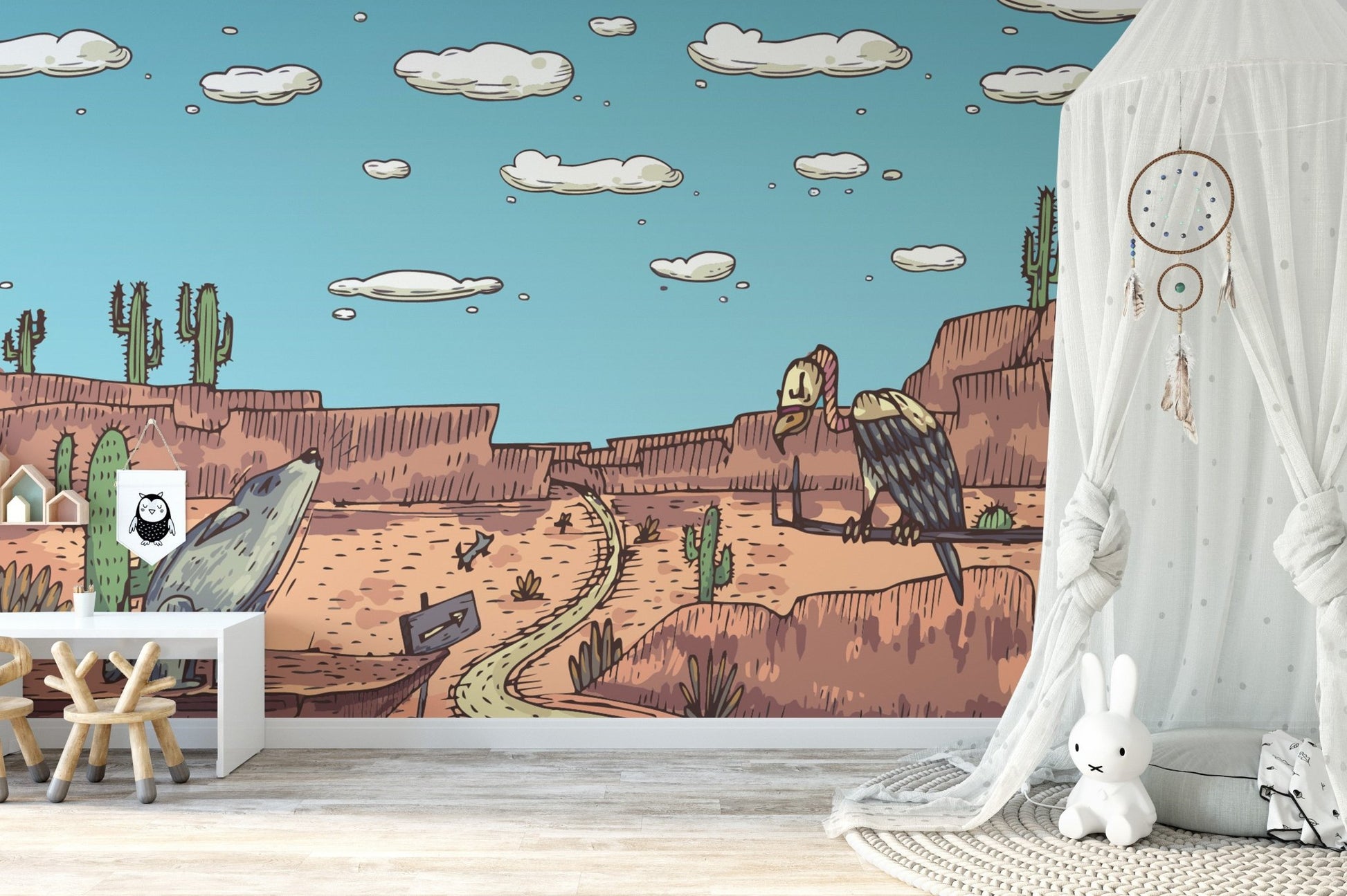 Tales of desert safari mural for a bold and exotic look in nursery.
