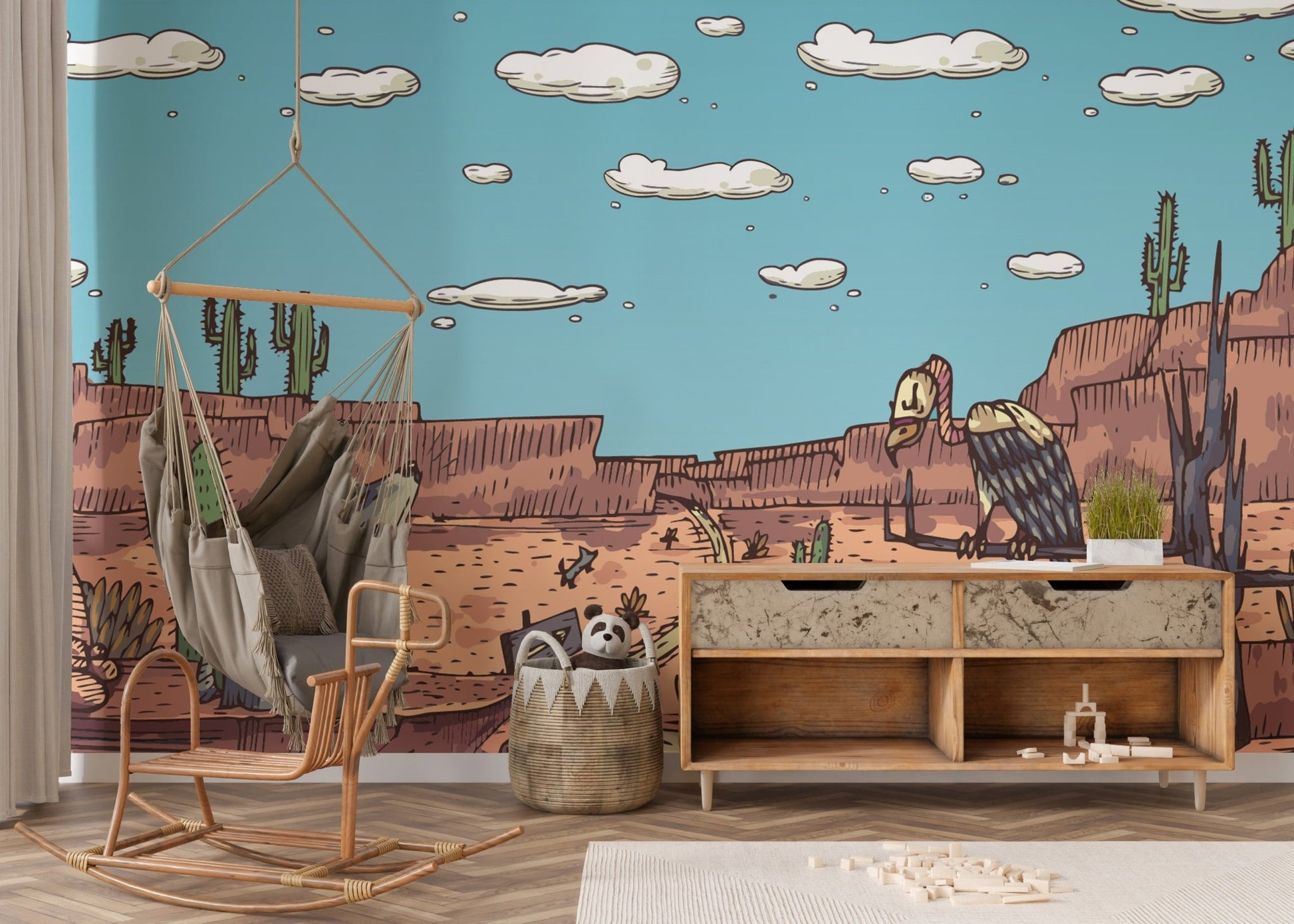 Storybook-inspired desert mural with safari animal scenes in nursery.
