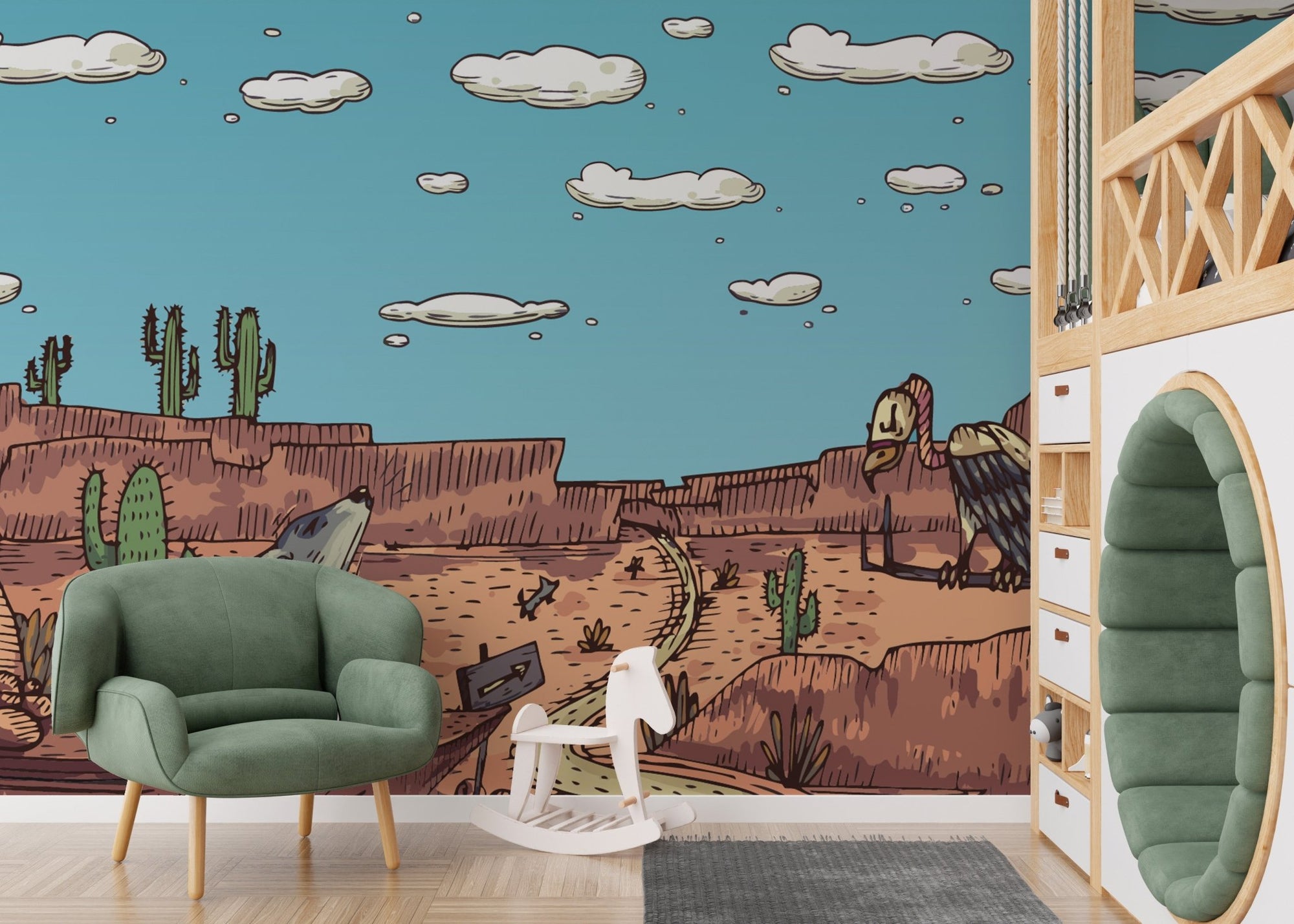 Captivating desert safari mural with wildlife and dunes in nursery.
