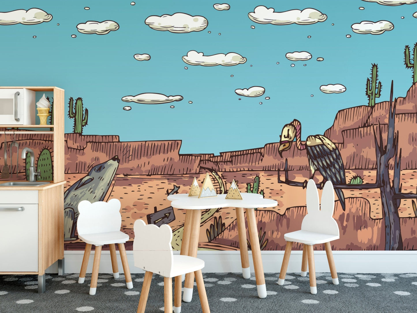 Safari-themed desert mural with camels and arid beauty in kids dining area.
