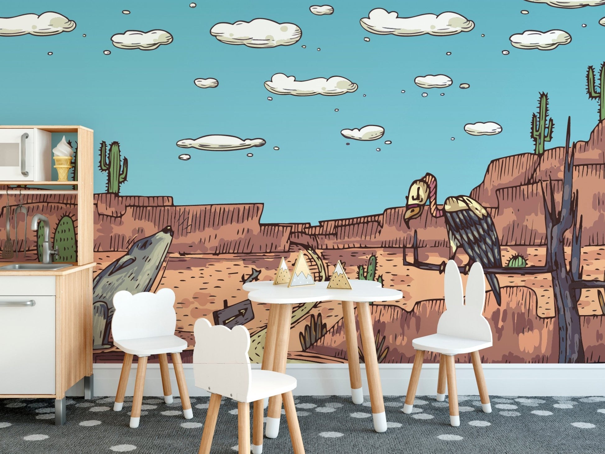 Safari-themed desert mural with camels and arid beauty in kids dining area.
