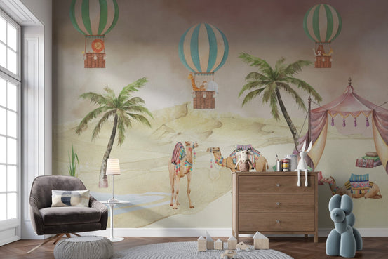 Dessert nursery wallpaper mural with watercolor camels and palm trees.