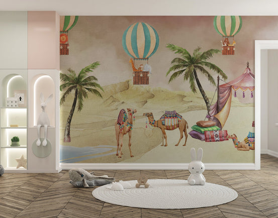 Neutral desert landscape wall mural for a modern nursery theme.