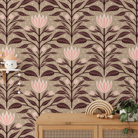 Diamond bloom large wall mural with pink flowers on taupe wallpaper.