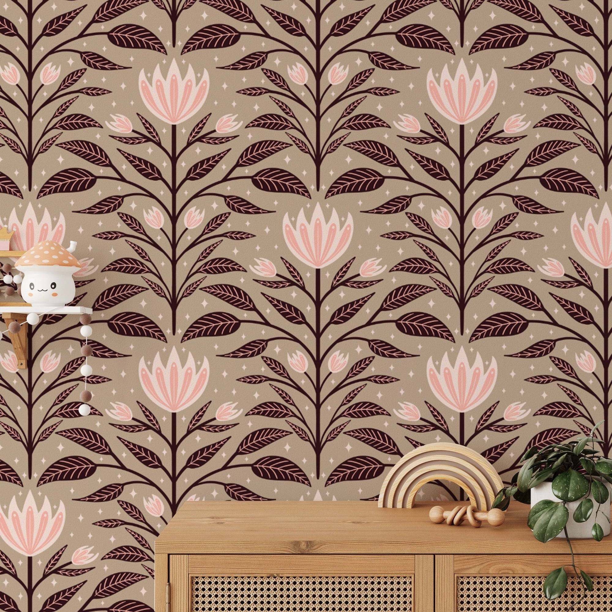 Diamond bloom large wall mural with pink flowers on taupe wallpaper.