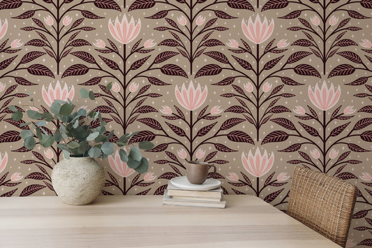 Symmetrical diamond pattern wall mural in muted pastel tones.