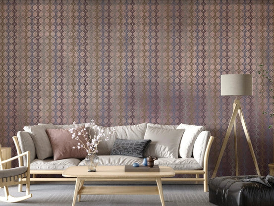 Vertical diamond pattern wall mural in an open plan living area.
