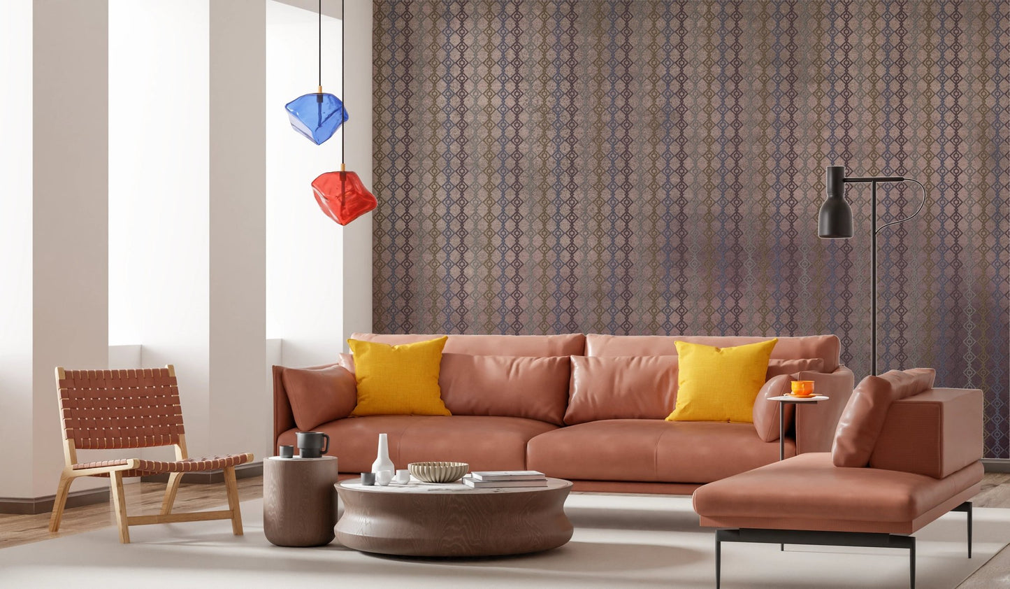 Diamond Deco Fade Wall Mural in a modern living room with a tan leather sectional sofa.