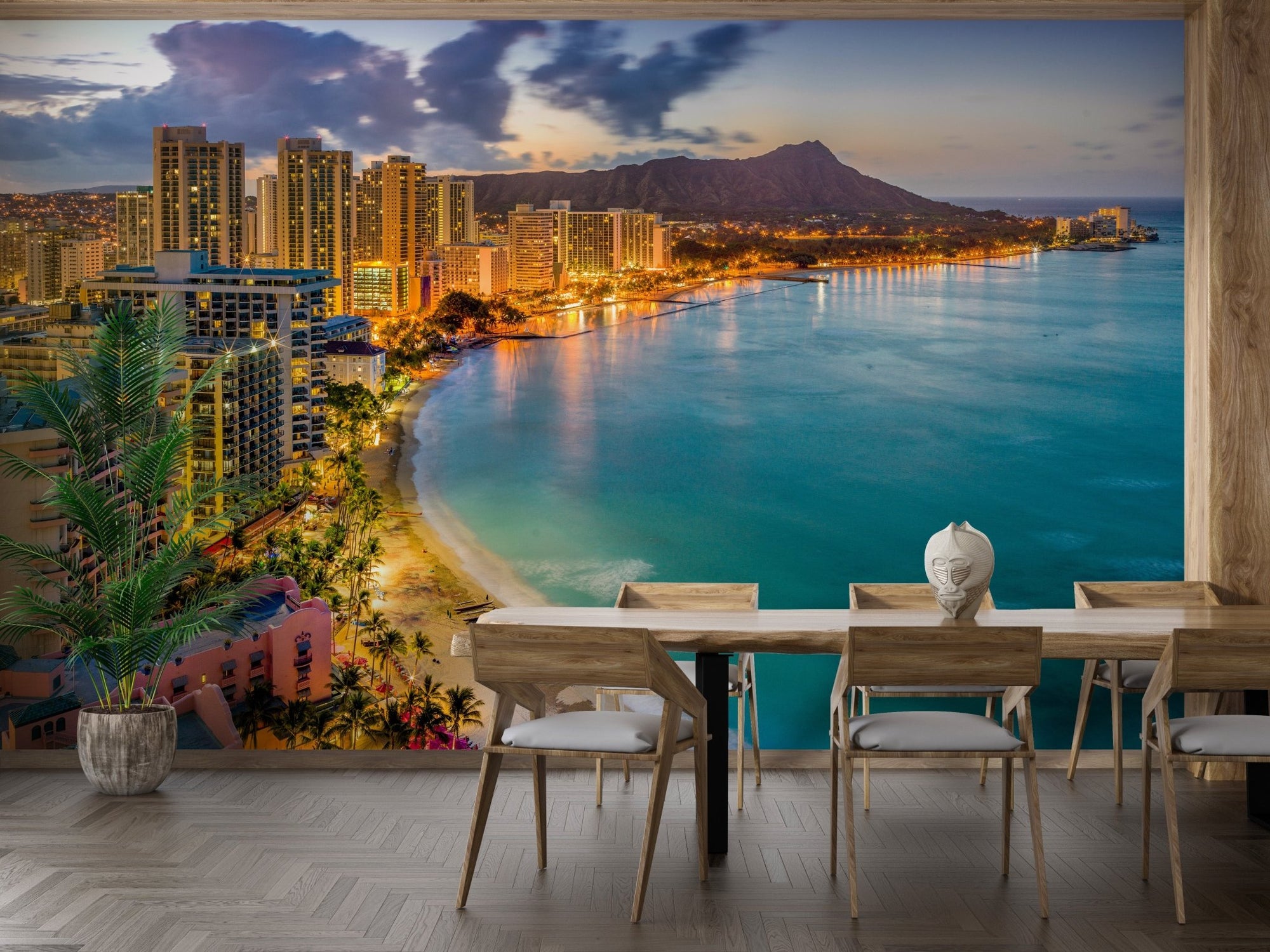 Diamond head volcano sunset coastal skyline wall mural for dining room.