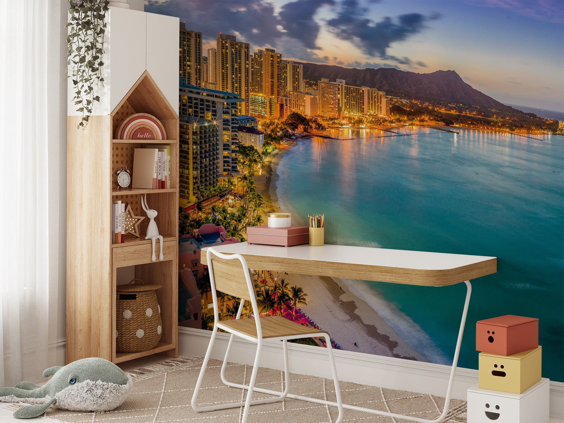 Oceanfront city head wall mural with mountain backdrop for kids room.