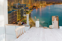 Diamond Head skyline wall mural with evening ocean view in kitchen.