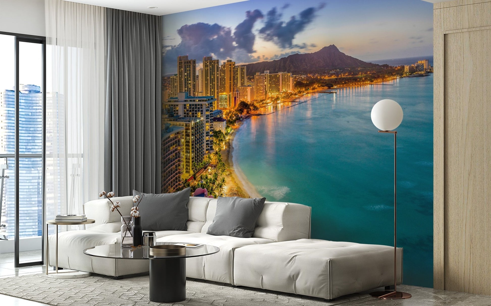 Waterfront volcano panorama wall mural with city lights for living room interior.
