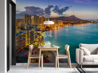City and volcano sunset wall mural with reflective shoreline.