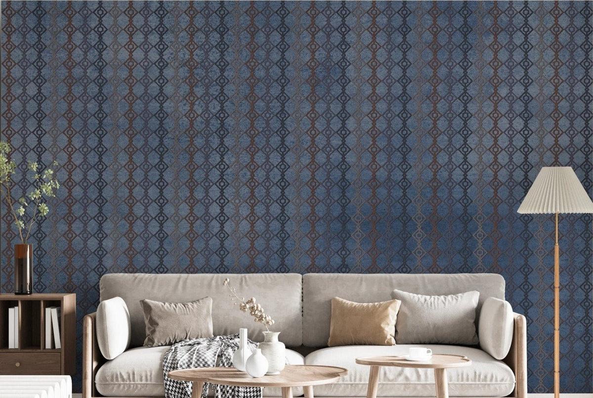 Modern living area featuring navy blue relic wall mural.