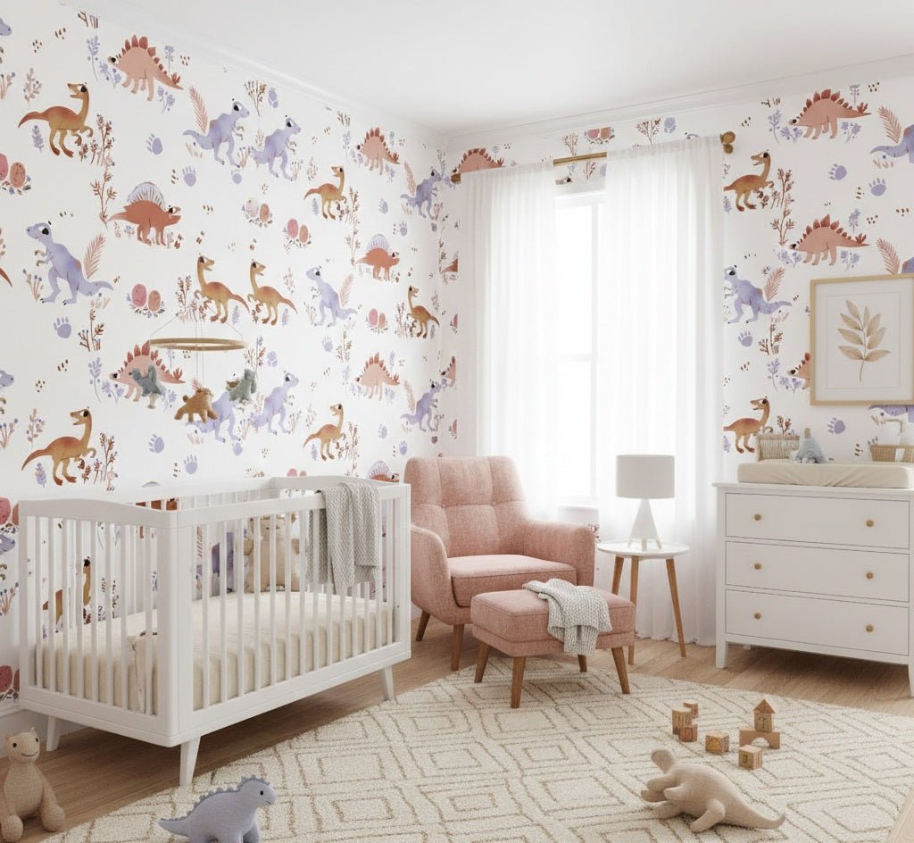 Dino doodle wallpaper with playful nursery theme