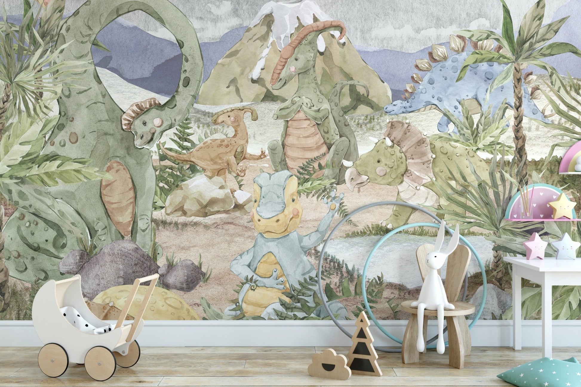 Illustrated dinosaur wall mural with sky and mountain elements.