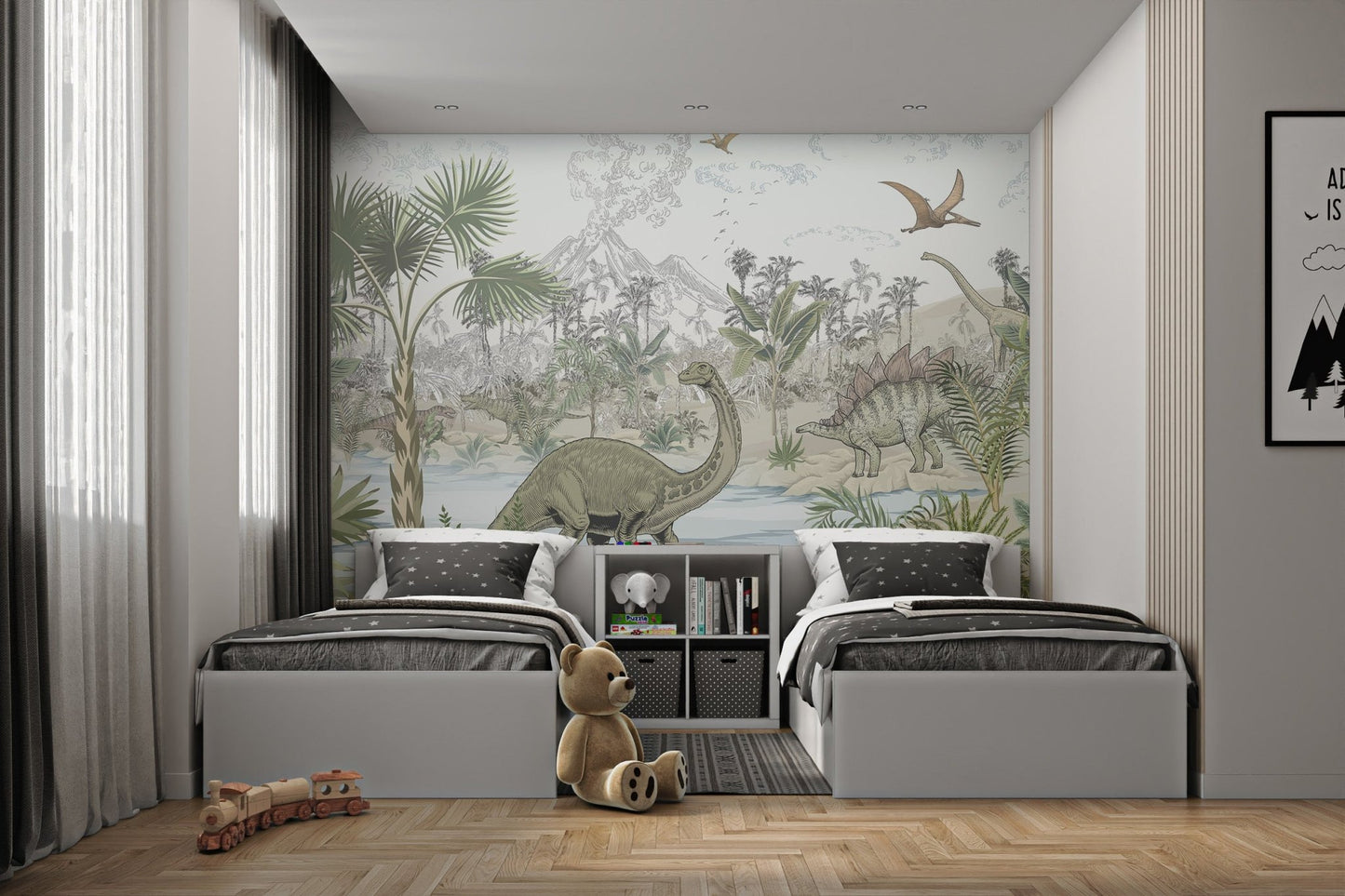 Dinosaur adventure wall mural featuring a large sketched grey volcano.