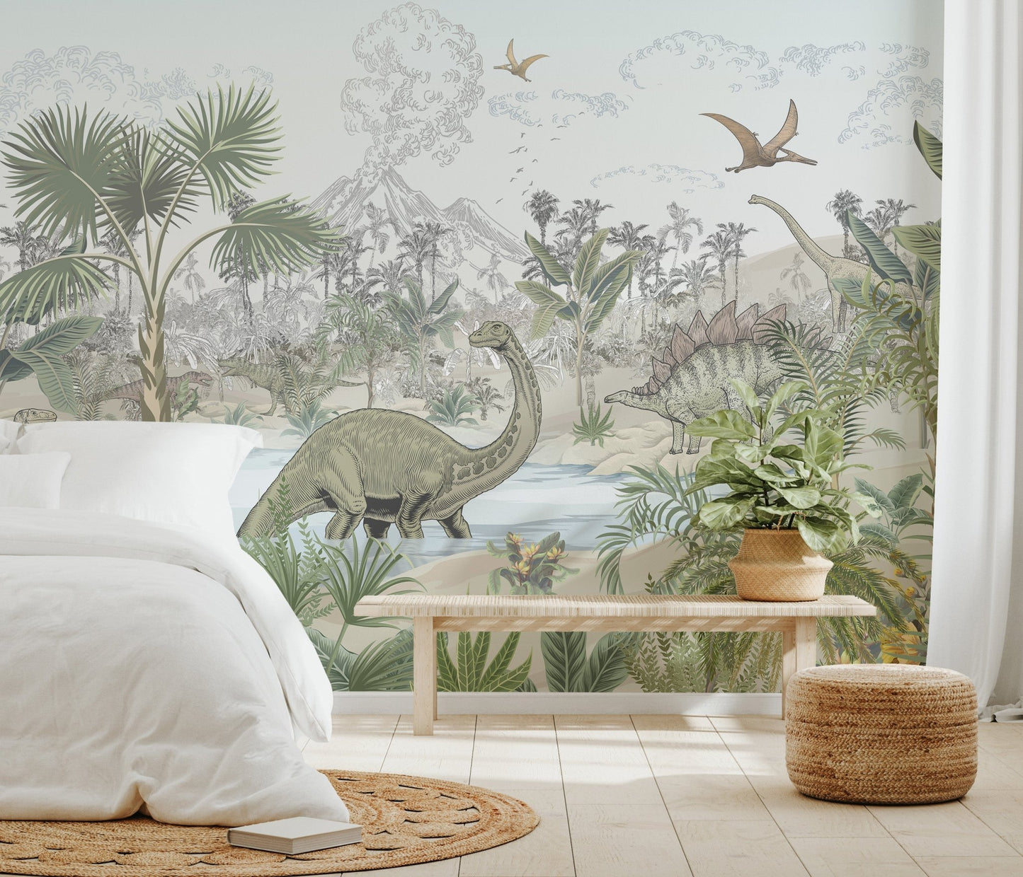 Detailed vintage style dinosaur adventure wall mural for bedroom.