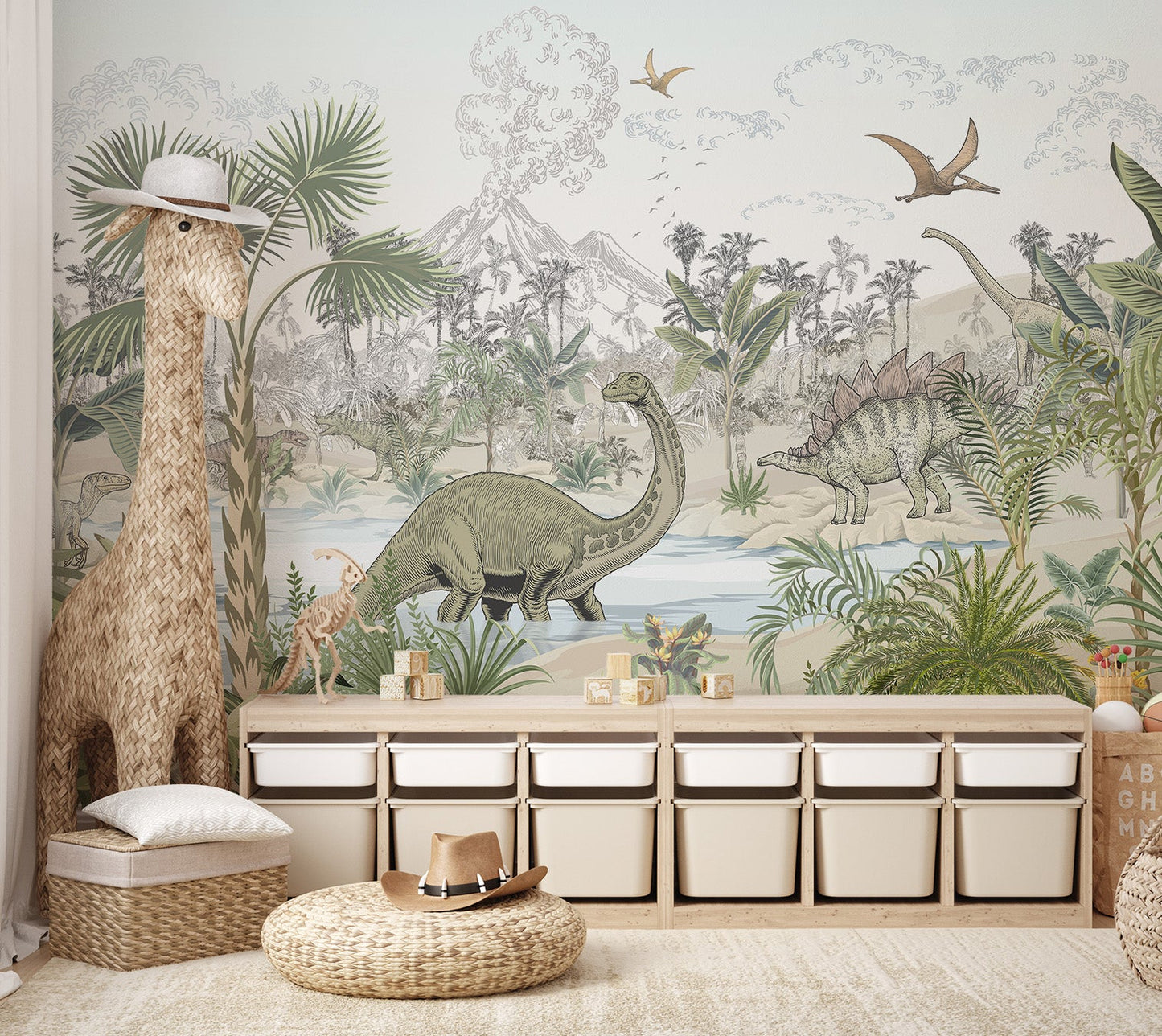 Neutral color palette prehistoric scene wall mural for modern nursery.